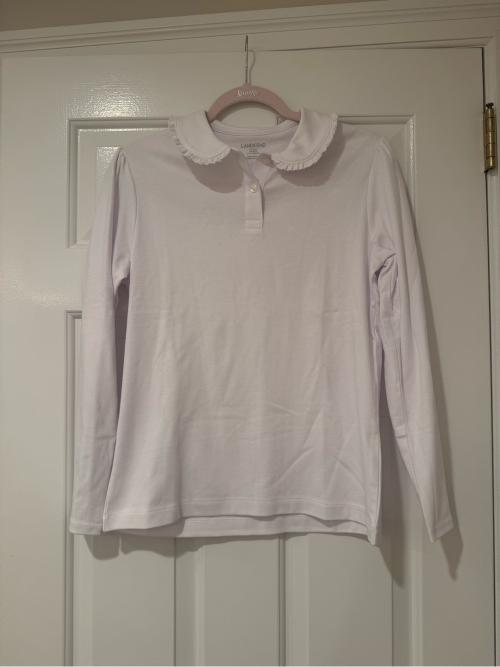 Lands' End Girls' Long-Sleeve White Polo Top with Ruffle Collar Trim